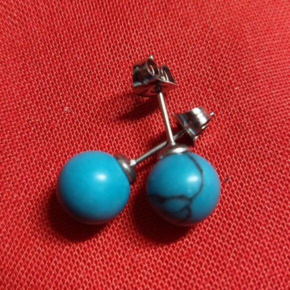 Natural Blue Howlite Gemstone Round Bead Ball Stud Earrings - Picture 4 of 7